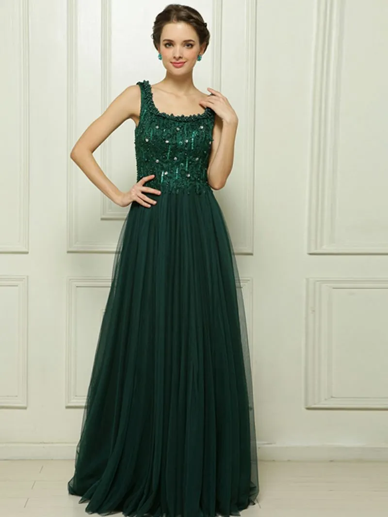 ---Forest green long dress with straps and bodice decorated with many lights, tulle skirt--