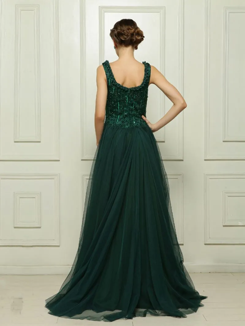 ---Forest green long dress with straps and bodice decorated with many lights, tulle skirt--