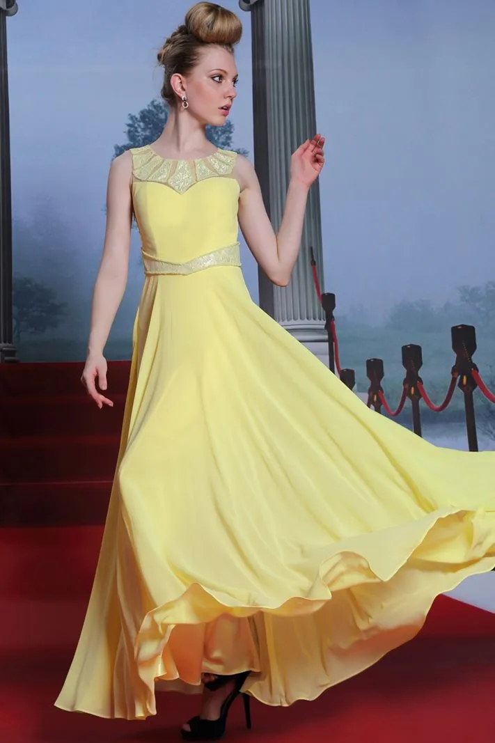 ---Inexpensive Special Occasion Dress made of chiffon color yellow with a very exclusive design--