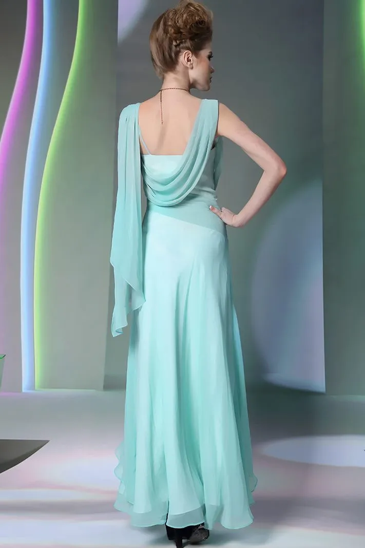 ---Long water green ceremony dress made of chiffon with bright decorations on the bustier--