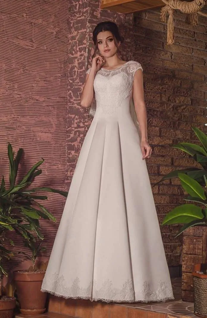 ---Very simple and elegant new wedding dress for 2021 made in satin with lace appliqués and short sleeves--