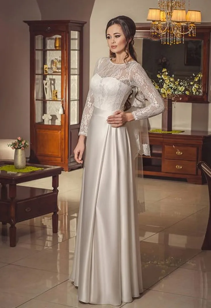 ---Wedding dress for slim women perfect for winter weddings with long lace sleeves and long satin skirt--