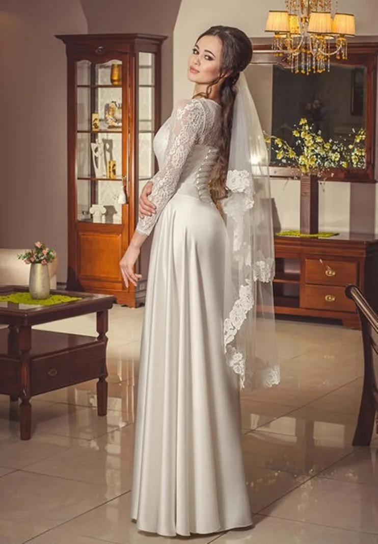 ---Wedding dress for slim women perfect for winter weddings with long lace sleeves and long satin skirt--