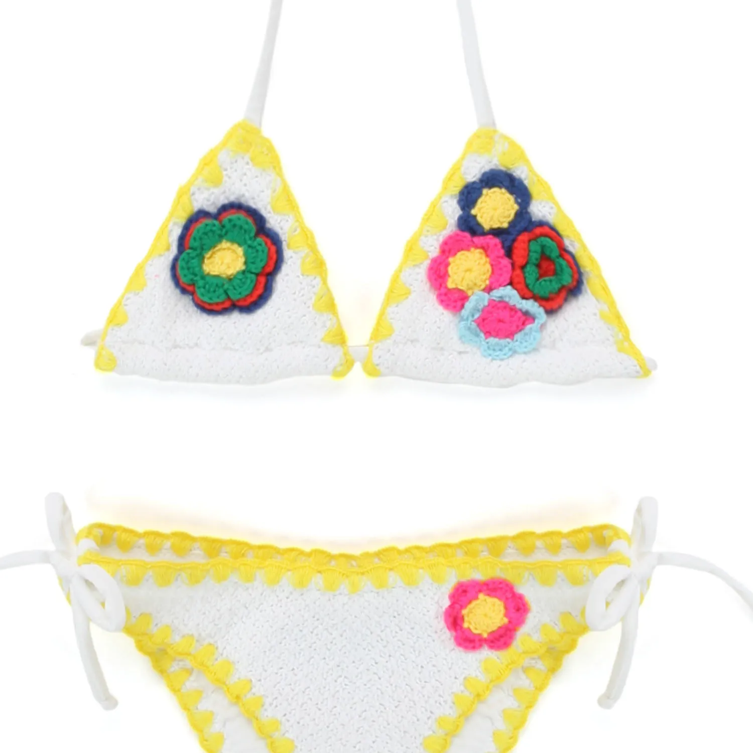 Bikini Crochet Bianco Con Orli Gialli