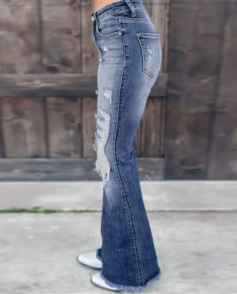 Factory Direct Sales  And  Women's Jeans High-waist Slim New Style Comfortable Ripped Stretch Denim Bell-bottom Pants