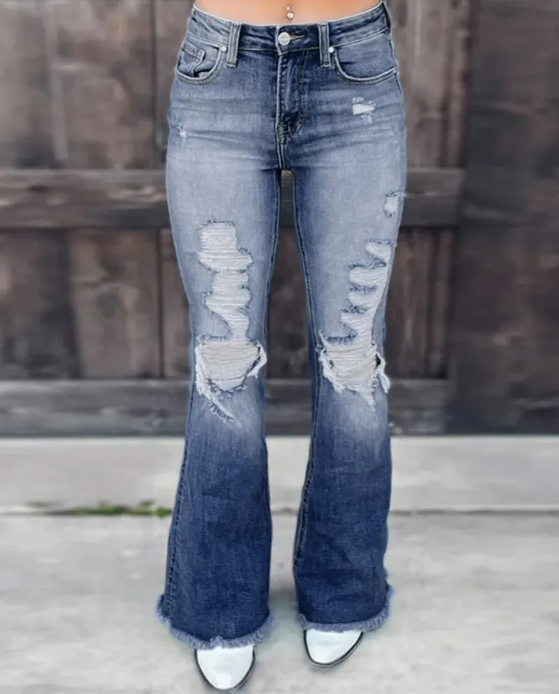 Factory Direct Sales  And  Women's Jeans High-waist Slim New Style Comfortable Ripped Stretch Denim Bell-bottom Pants