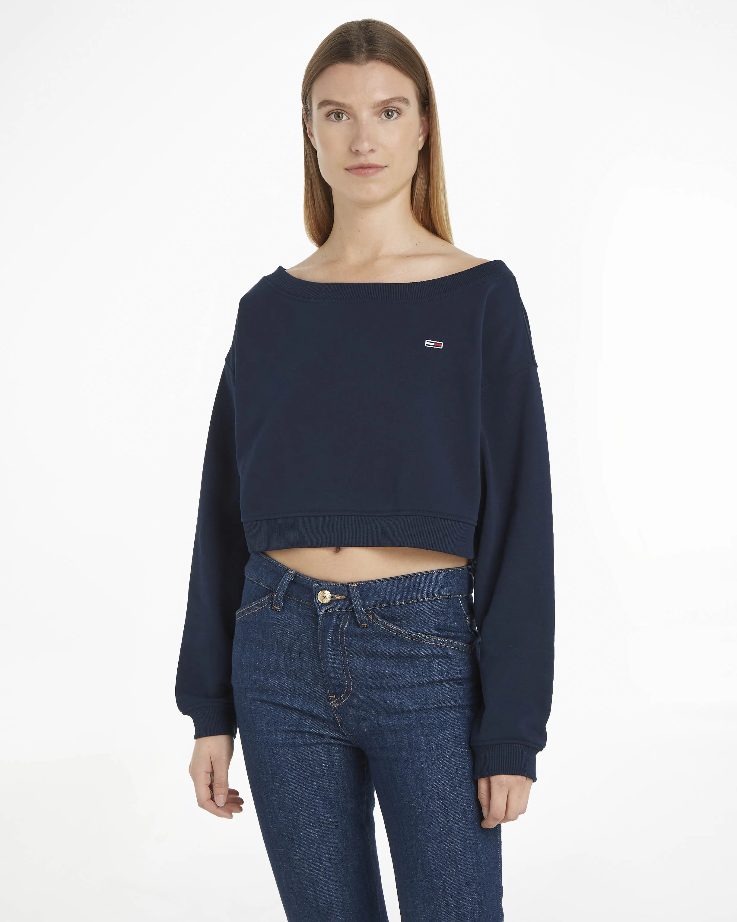 Felpa cropped blu in misto cotone con scollo schiffer e flag logo ricamata sul petto