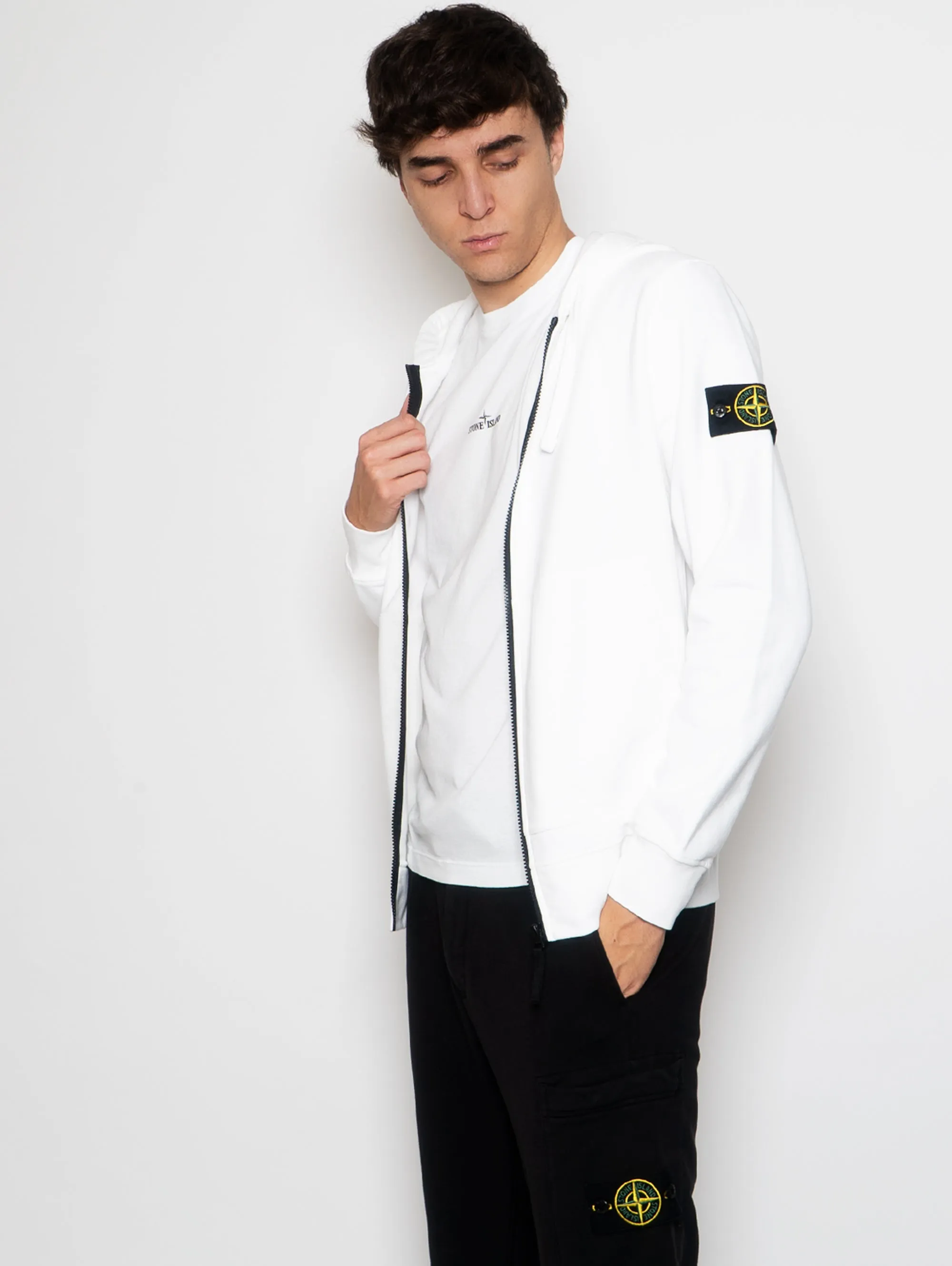 Felpa Full Zip con Cappuccio Bianco