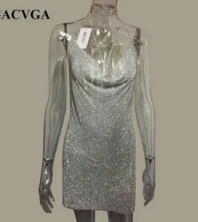 Gacvga  Crystal Diamond Summer Dress Slits  Party Dresses Women Halter Vintage Beach Dress Vestido  Dresses