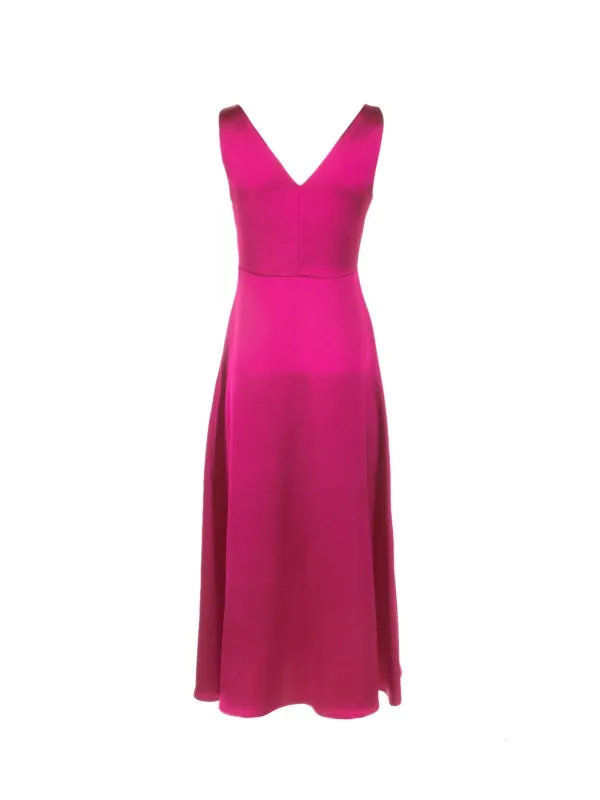 Long fuchsia dress with V-neck in satin