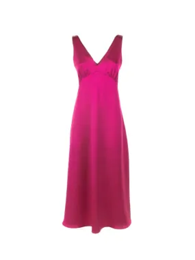 Long fuchsia dress with V-neck in satin