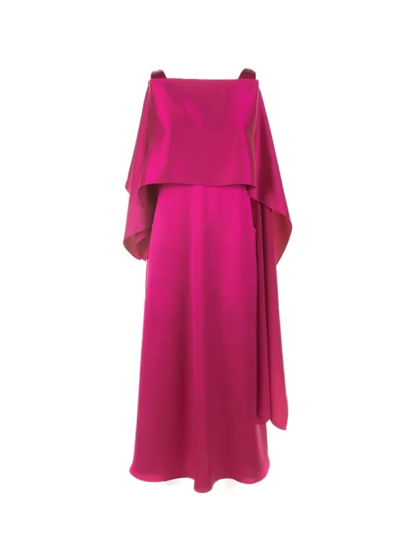 Long fuchsia dress with V-neck in satin