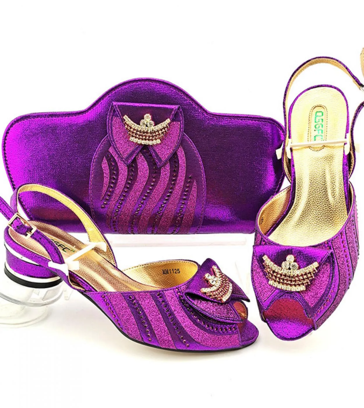 Qsgfc Nuovo arrivo Estate Colore viola africano Design italiano Tacco basso Scarpe da donna e borsa da sposa con strass De