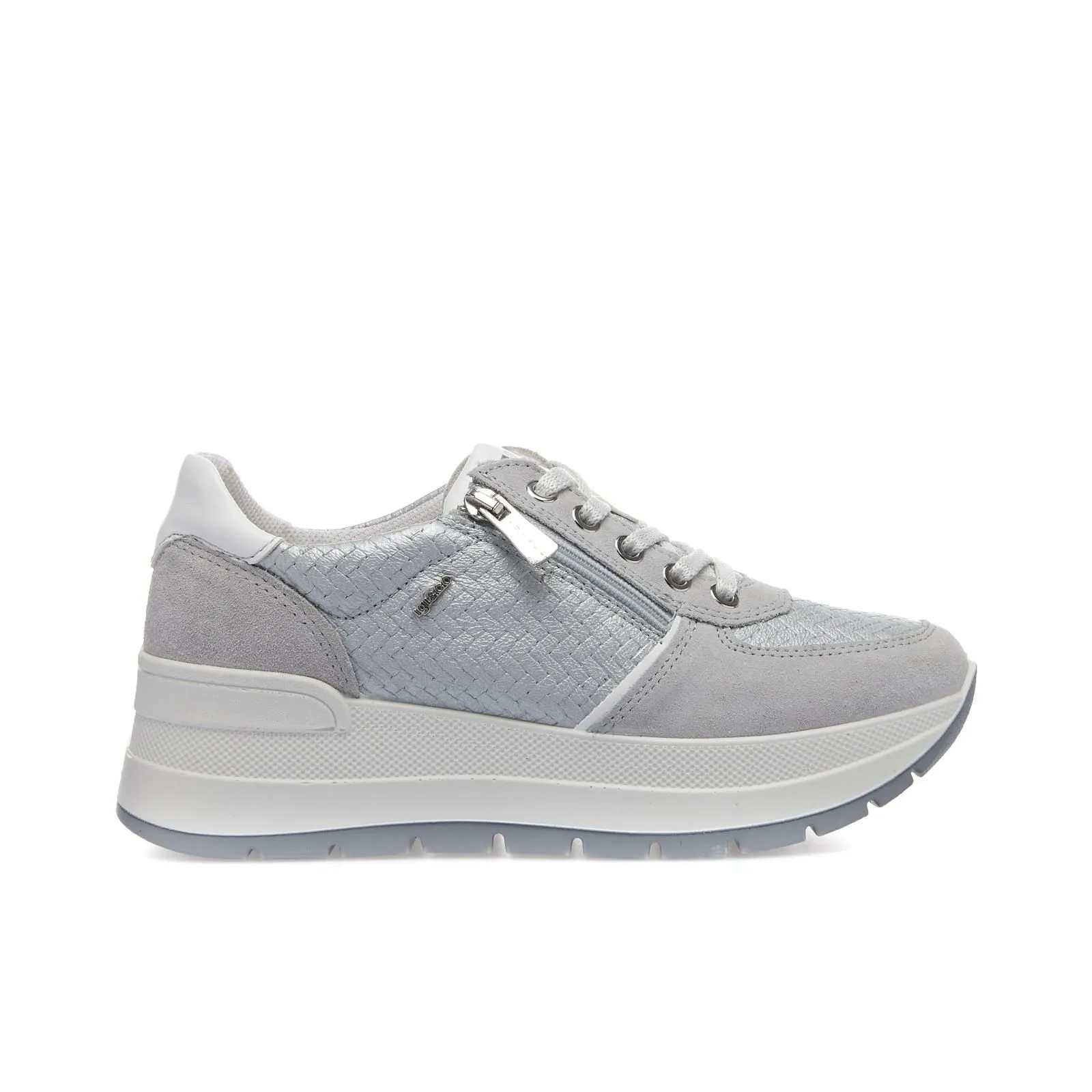 Sneakers grigie da donna in pelle con suola platform