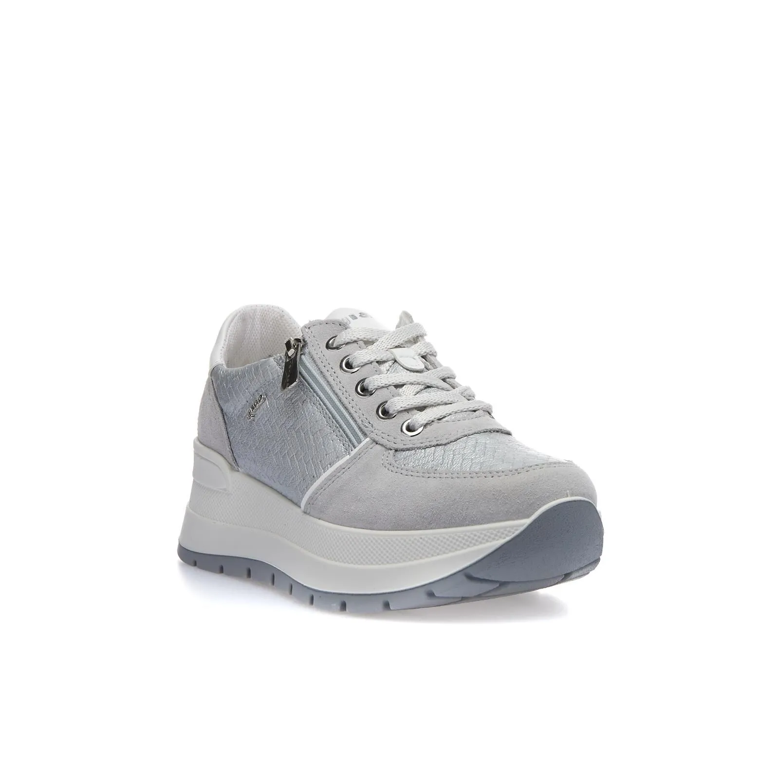 Sneakers grigie da donna in pelle con suola platform