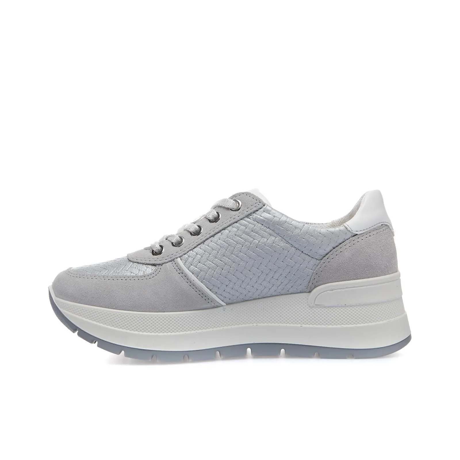 Sneakers grigie da donna in pelle con suola platform