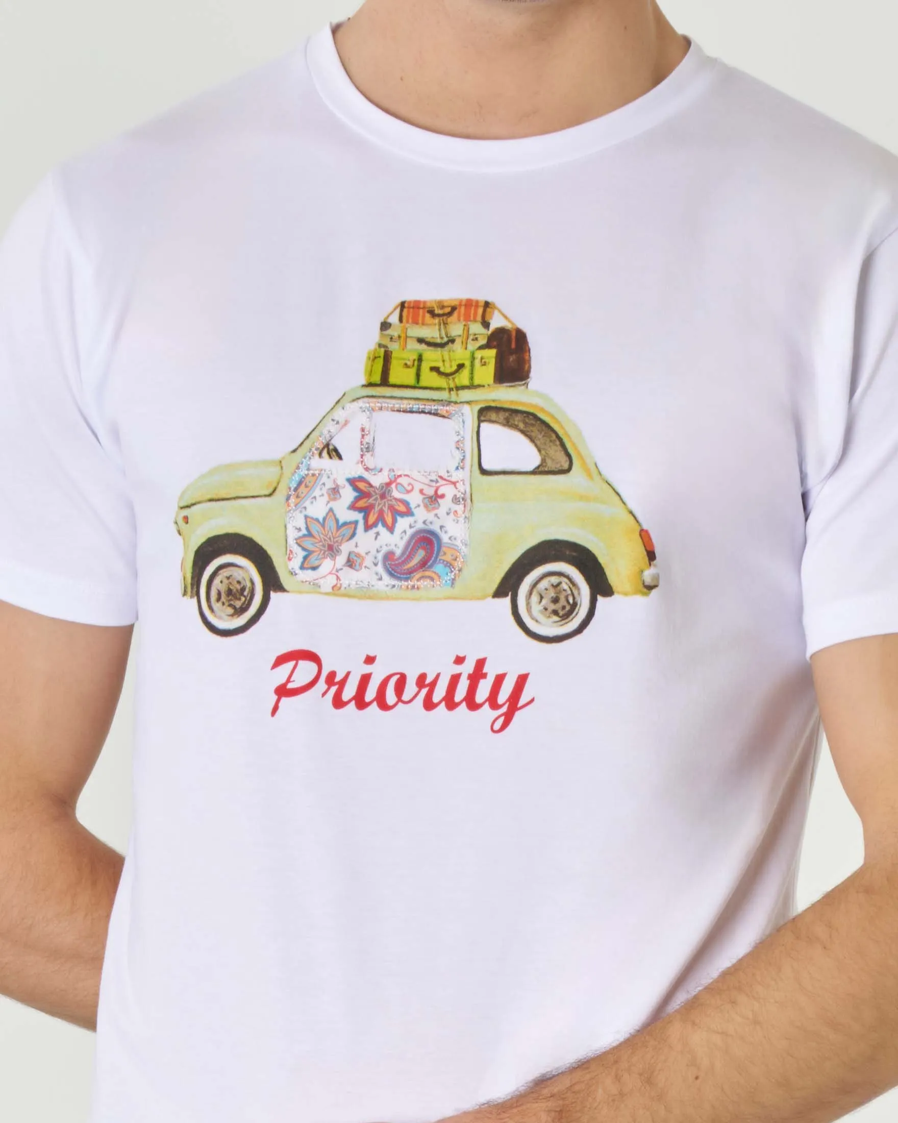 T-shirt bianca girocollo in puro cotone con maxi stampa grafica Fiat 500