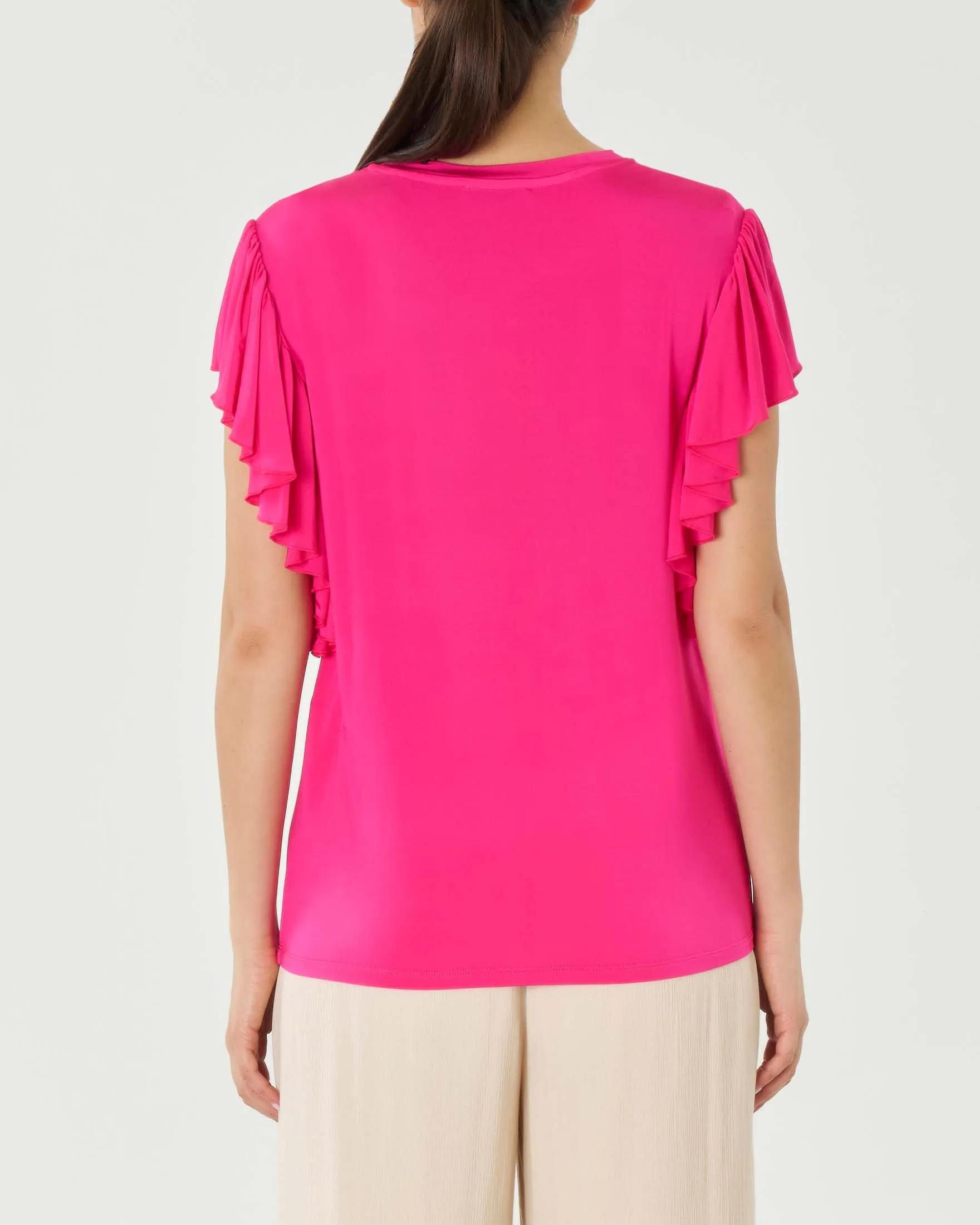 T-shirt fucsia girocollo in jersey di viscosa con maniche ad aletta con volant