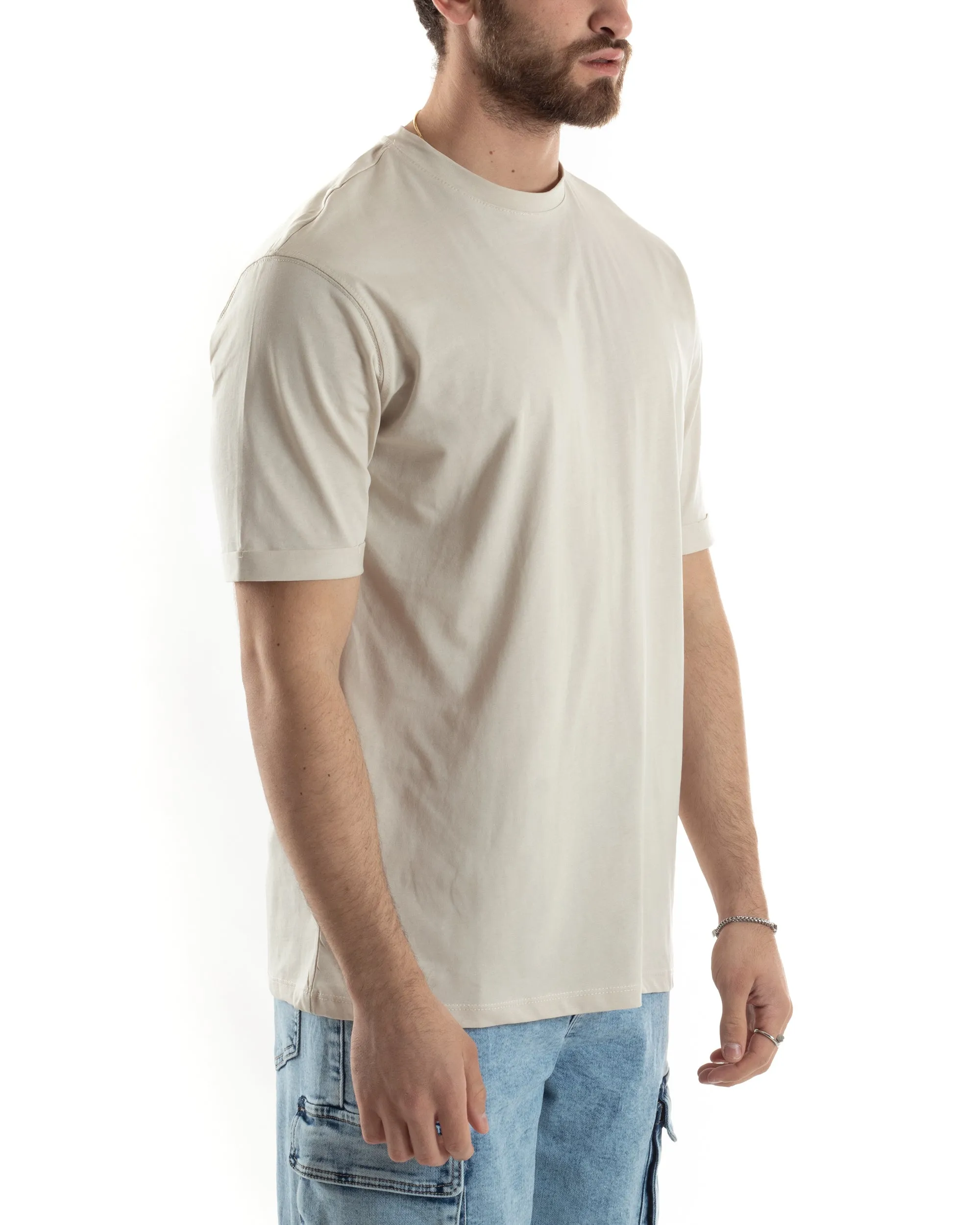 T-shirt Uomo Girocollo Basic Casual Regular Fit Tinta Unita Beige GIOSAL-TS3061A