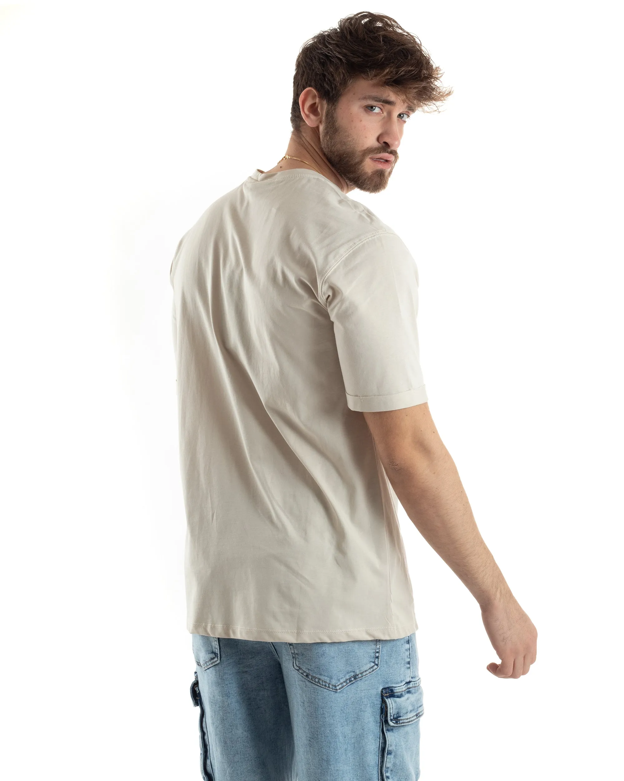 T-shirt Uomo Girocollo Basic Casual Regular Fit Tinta Unita Beige GIOSAL-TS3061A