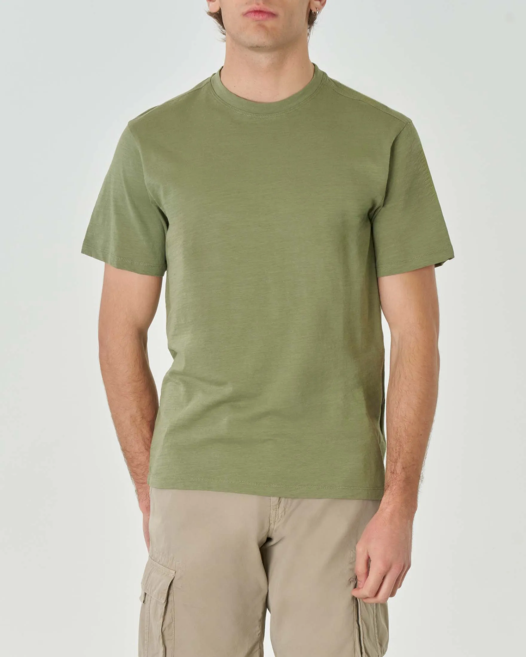 T-shirt verde militare mezza manica in jersey di cotone fiammato