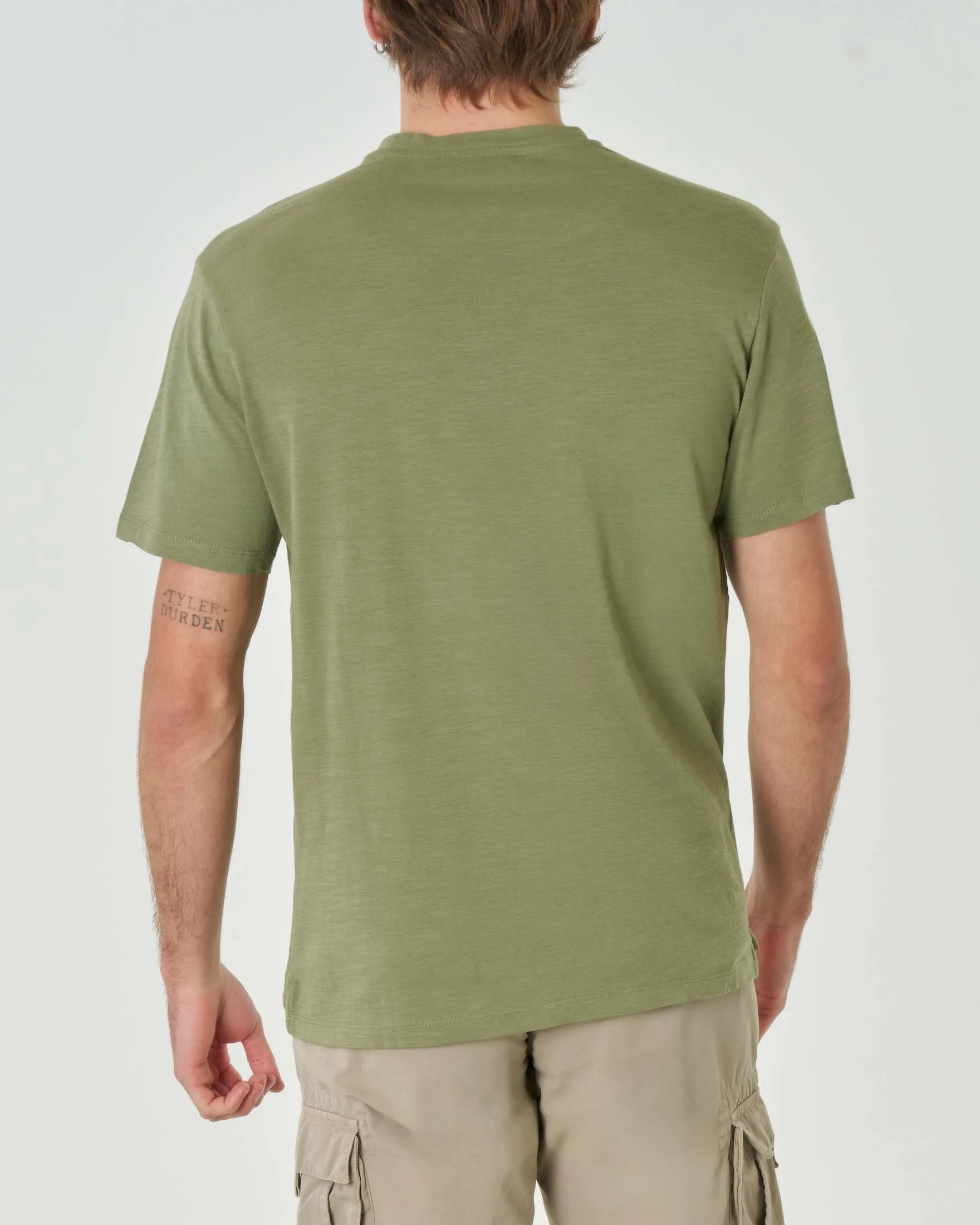 T-shirt verde militare mezza manica in jersey di cotone fiammato