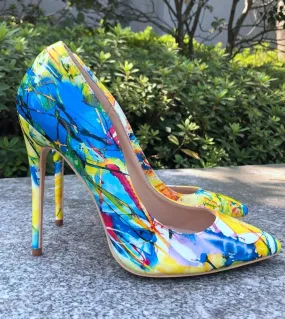 Tikicup Tropic Colorful Graffiti Women Patent High Heels Yellow Pointed Toe Stilettos Ladies Slip On Pumps Fashion Party