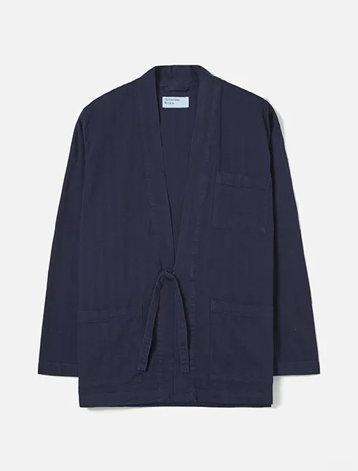 Universal Works Tie Front Jacket In Indigo Herringbone Denim